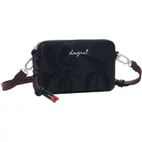 Black textured shoulder bag with floral pattern, red and black strap, and silver hardware by Desigual.