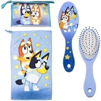 Blue toiletry bag set featuring Bluey characters, includes a brush and pouch with star accents.
