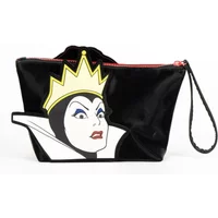 Black toiletry bag featuring Disney's Queen Grimhilde with a yellow crown and red zipper.