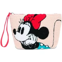 Pink Cerda Minnie toiletry bag featuring Minnie Mouse with a red bow and polka dot dress, red wrist strap.