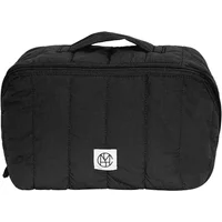 Black quilted toiletry bag for women with handle and logo patch by Moss Copenhagen Sasja.