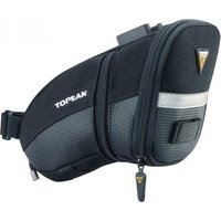 Black and gray Topeak Aero Wedge saddle bag with quick clip, reflective strip, and zippered compartment.