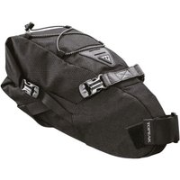 Black Topeak BackLoader seat pack, 6L capacity, with adjustable straps, waterproof material, and reflective logo.