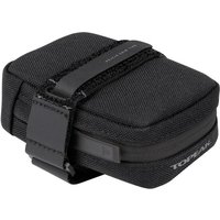 Black Topeak Elementa Seatbag, compact size S, with durable fabric, secure strap closure, and TOPEAK logo on the side.