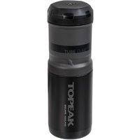 Black and gray Topeak Escape Pod+ storage bottle with a screw cap and transparent midsection.