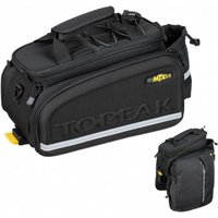 Black Topeak MTX Trunkbag DXP with panniers, reflective stripe, top bungee cords, and zippered compartments.