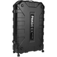 Black Topeak Pakgo EX+ Plus travel case with rugged exterior, four wheels, and central logo panel.