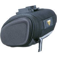 Black Topeak Sidekick Wedge Saddle Bag with zipper, reflective strip, and yellow logo patch on the side.