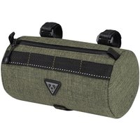Green Topeak Tubular Handlebar Bag 1.5L with black zipper, adjustable straps, and triangular logo patch.