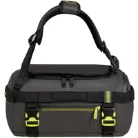 Gray American Tourister Urban Track travel bag with black straps, neon yellow accents, and zippered compartments.