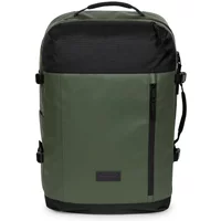 Green and black Eastpak travel bag with top handle, side straps, and front zipper pocket.