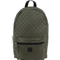Green quilted leather backpack with diamond pattern, front zip pocket, and black top handle.