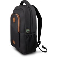 Black Urban Factory backpack with brown accents, top-loading design, side pocket, and eco-friendly badge.