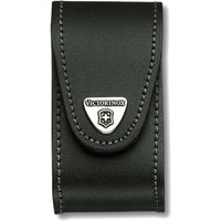 Black Victorinox leather pouch with flap closure and logo, fits 5-8 layer Swiss Army knives.