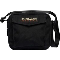 Black Napapijri Voyage Bag with front flap pocket, adjustable shoulder strap, and logo on the front.