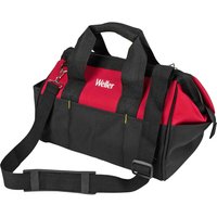 Black and red Weller tool bag with shoulder strap, dual handles, and zippered top.