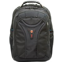 Black Wenger/SwissGear 17" notebook backpack with padded compartments, ergonomic handle, and red logo accent.