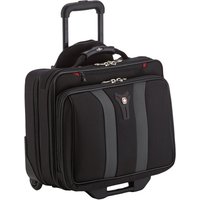 Black Wenger/SwissGear 17" trolley notebook case with telescopic handle, dual wheels, and multiple zippered compartments.