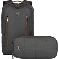Grey Wenger/SwissGear backpack with dual zippers, front logo, and matching detachable pouch.