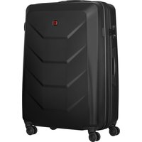 Black hard shell suitcase with textured design, four wheels, and side handle, 93L capacity by Wenger/SwissGear.