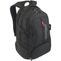 Black Wenger/SwissGear Transit backpack with padded straps, multiple zippered compartments, and red zipper accents.