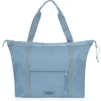 Light blue Eastpak travel bag with handles, front zipper pocket, and sleek design.