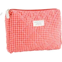 Pink gingham-patterned makeup bag with a white zipper and label, by 24 Colours.