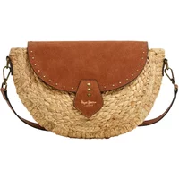 Straw shoulder bag with brown suede flap, leather strap, and stud accents by Pepe Jeans Saddie Barker.
