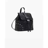 Black Desigual Moonstone Prisa Short backpack with flap closure, silver grommet details, and adjustable straps.