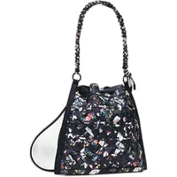 Black Desigual Osmio Harlan women's backpack with colorful abstract pattern and chain strap.