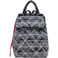 Women's backpack Desigual Radio Luena, black and white geometric pattern, braided handle, red side strap.
