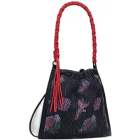 Black Desigual Xenon Harlan backpack with floral pattern, red braided handle, and drawstring closure.
