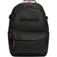 Black Superdry Utility Tarp women's backpack with embossed logo, front zip pocket, and orange zipper pulls.