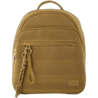 Brown TBS Jaza women's backpack with textured fabric, front zipper pocket, and tassel zipper pull.