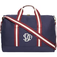 Navy Superdry weekender bag with red and white striped handles and shoulder strap, logo on front.