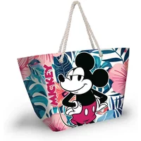 Women's beach bag with Mickey Mouse design, pink and blue tropical leaves, white rope handles.