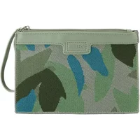 Green and blue patterned women's clutch bag with wrist strap and zip closure, featuring TBS logo on the front.