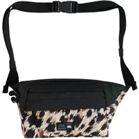 Black and beige patterned women's fanny pack by Protest with adjustable strap and front zipper pocket.