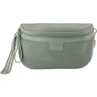 Green woven women's fanny pack with tassel zipper pull and textured pattern.