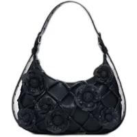 Black Desigual Iridio Margot Mini handbag with floral appliqués and quilted diamond pattern.