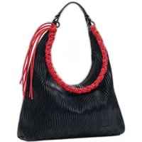 Black Desigual Litio Samarra handbag with red braided handle and fringe detailing.
