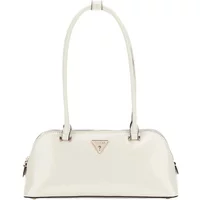 Cream Guess Arnela women's handbag with long handles and a triangle logo on the front.