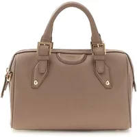 Taupe Guess Nina Bowler handbag with dual handles, gold-tone hardware, and zip closure.