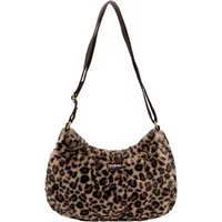 Leopard print women's handbag with a curved shape, adjustable dark strap, and small front logo tag.