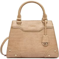 Beige Lasocki women's handbag with crocodile texture, dual handles, and gold-tone hardware.