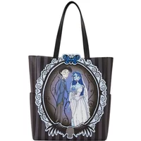 Loungefly Corpse Bride handbag with gothic frame design, featuring Victor and Emily illustration, black handles.