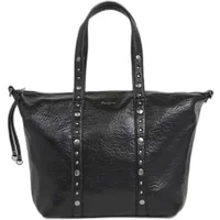 Black leather women's handbag with dual handles, silver studs, and zip closure by Pepe Jeans Chelsea Moon.