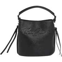 Black leather women's handbag with embossed Pepe Jeans logo and adjustable strap.