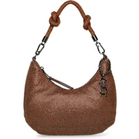 Brown Steve Madden Bkaya women's handbag with woven texture, knotted handle, and zipper closure.