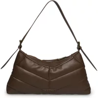 Brown Steve Madden women's handbag with chevron quilted pattern and single shoulder strap.